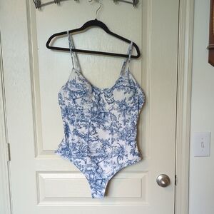 Blue and White Toile Print Swimsuit